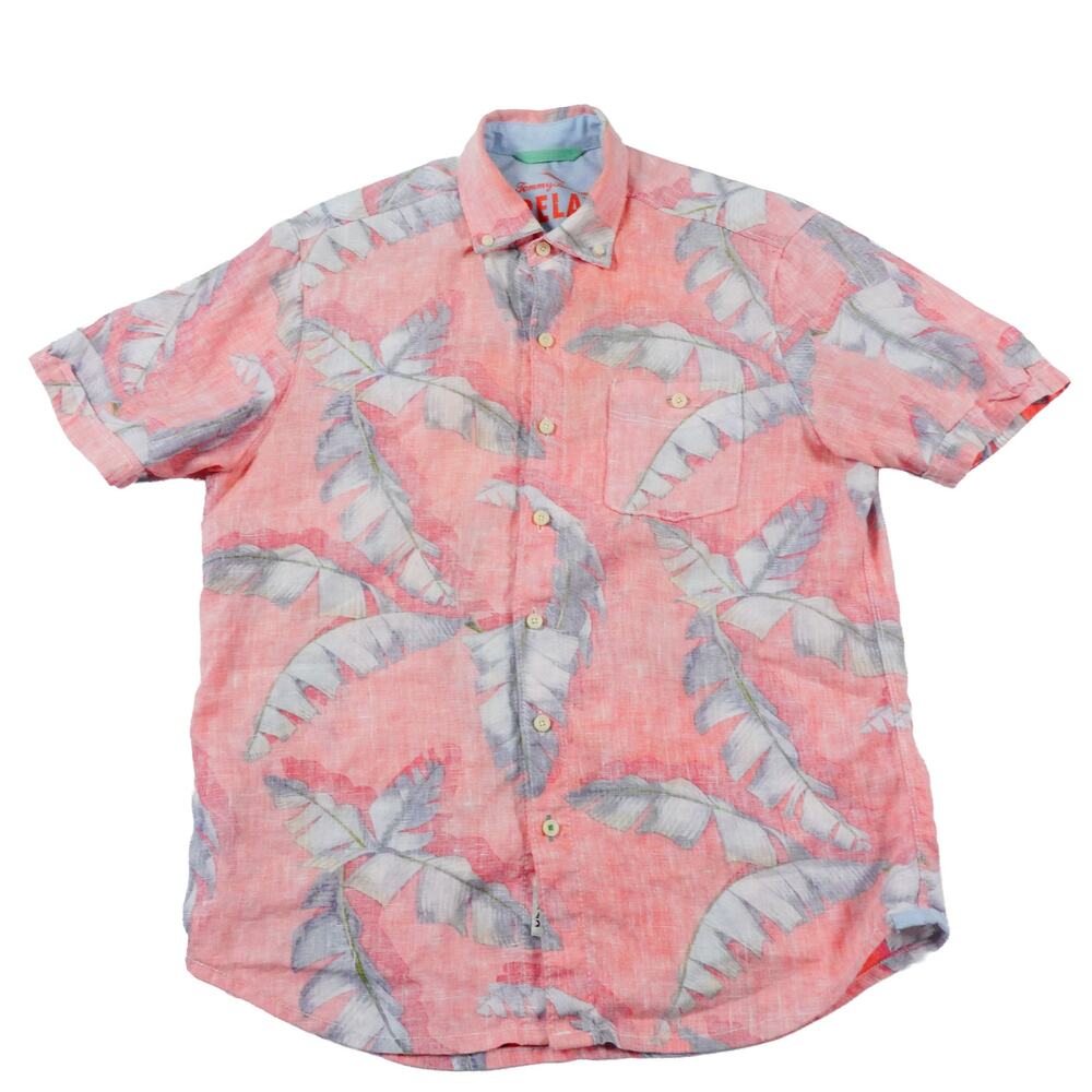 Tommy Bahama Relax Linen Leaf Floral Hawaniian Pink Button Up Camp Shirt Small